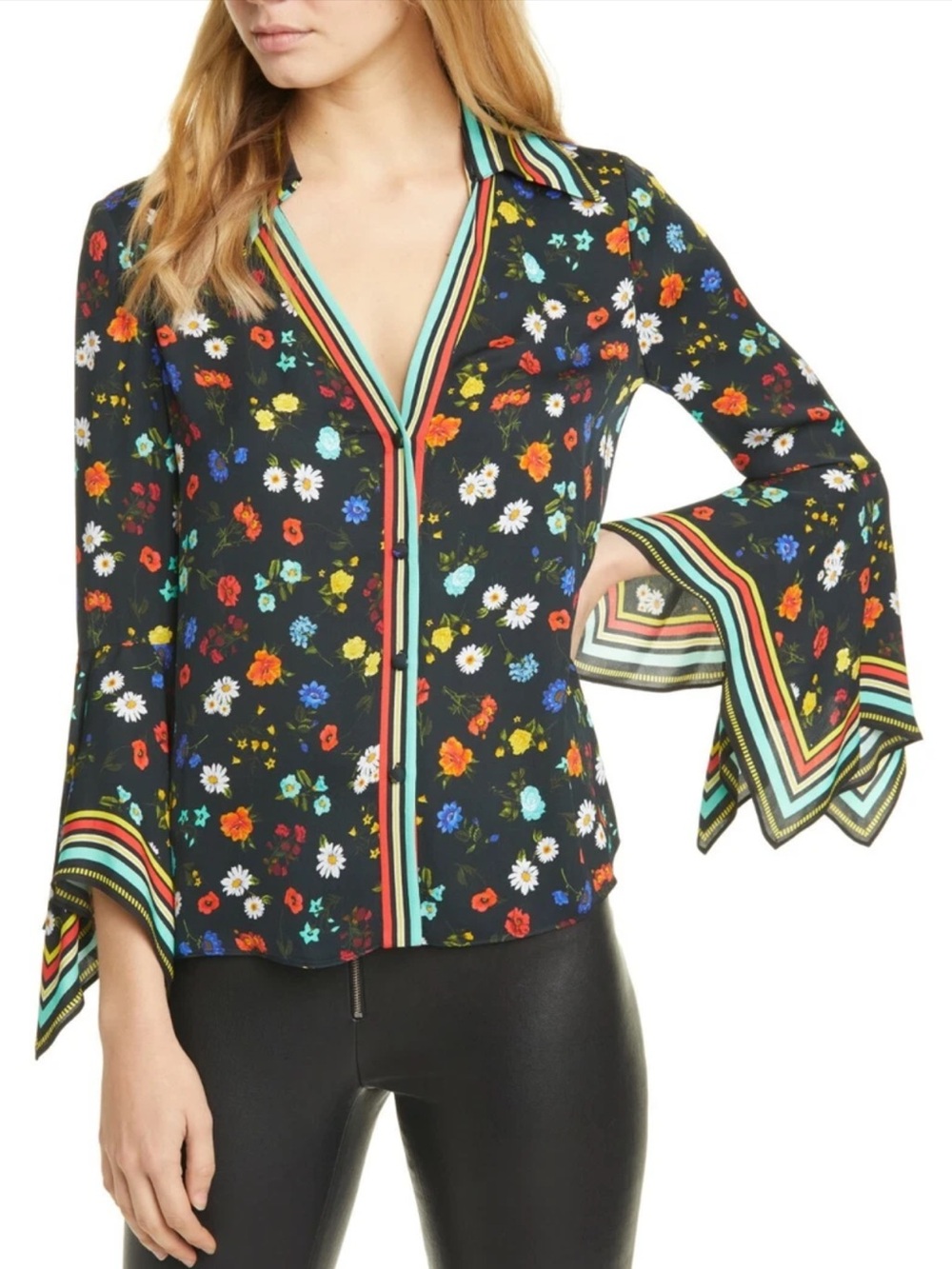 Alice + Olivia Randa Top Floral Bell Sleeve Striped Trim Boho Luxe Blouse M